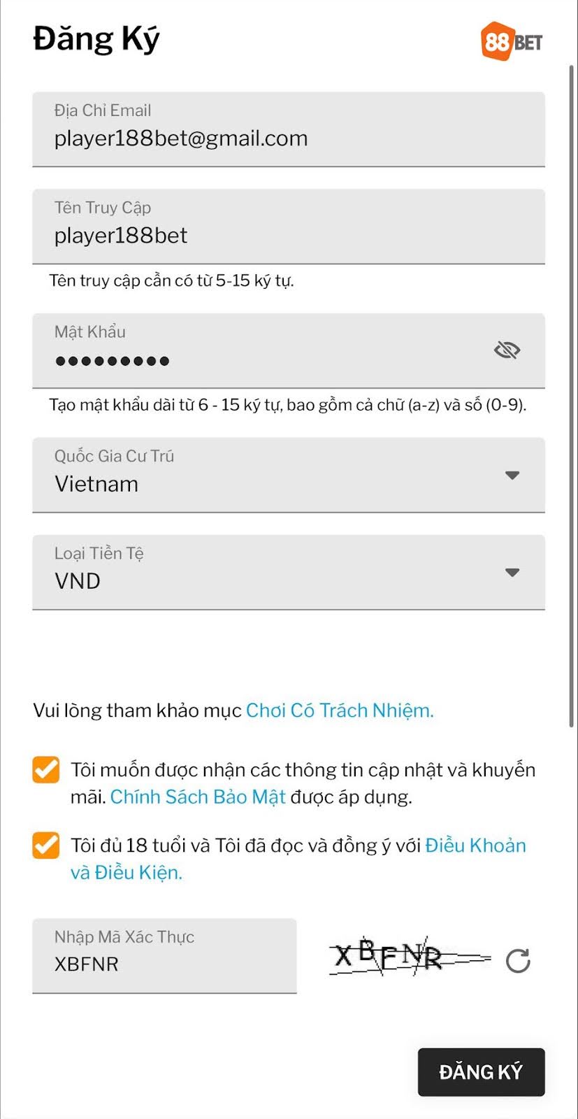 Điền thông tin đăng ký tài khoản 188BET chi tiết