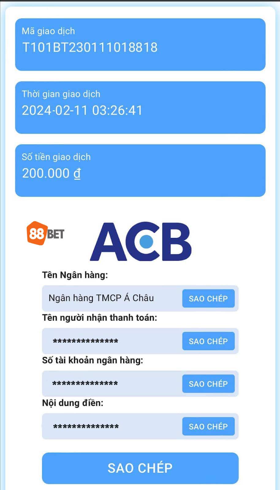 Lấy thông tin chuyển khoản ngân hàng khi nạp tiền 188BET