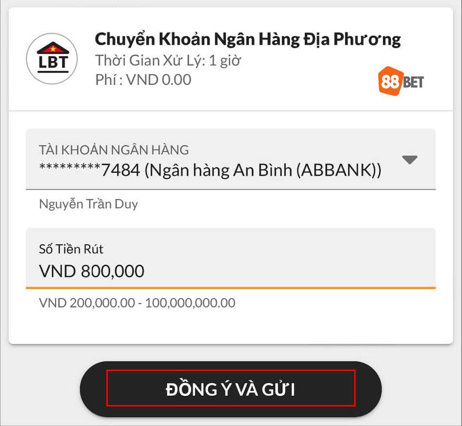 Thực hiện lệnh rút tiền 188BET thành công